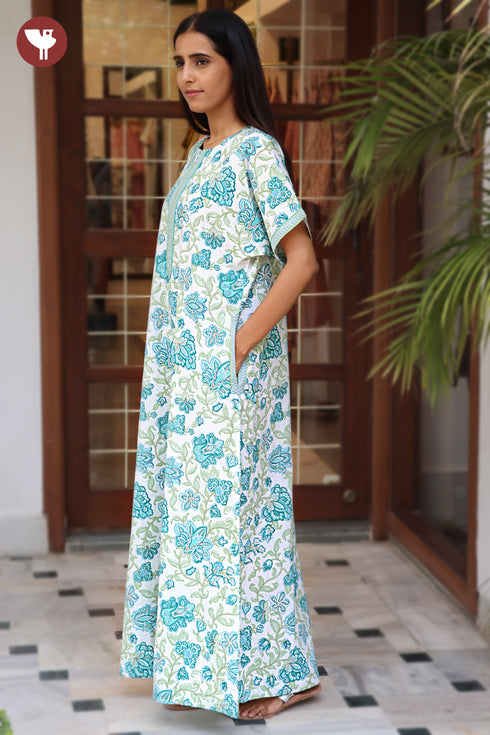 60s Cotton Kaftan In Floral Block Print