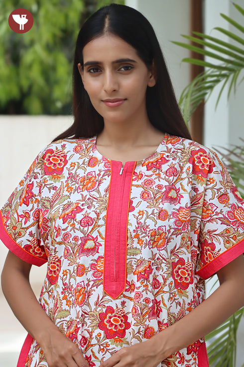 60’s Cotton Zipper Kaftan In Floral Print