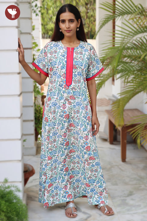 60’s Cotton Half Sleeve Zipper Kaftan in Floral Print