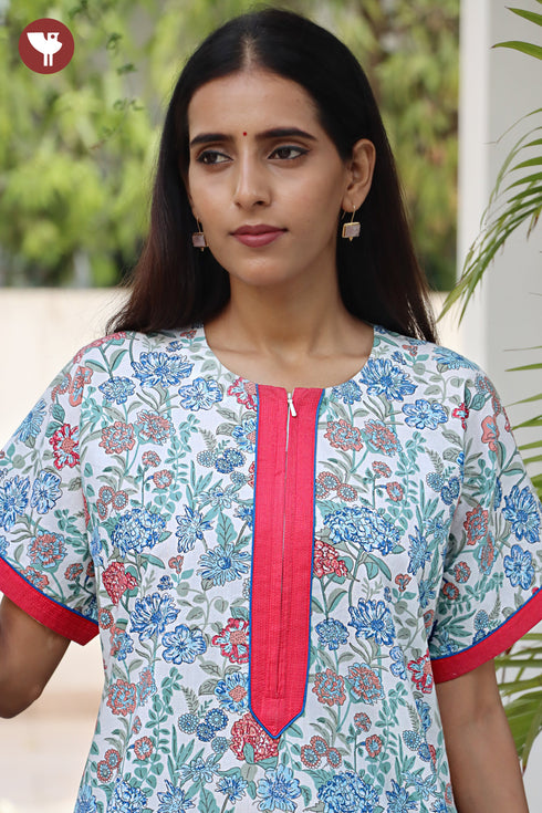 60’s Cotton Half Sleeve Zipper Kaftan in Floral Print