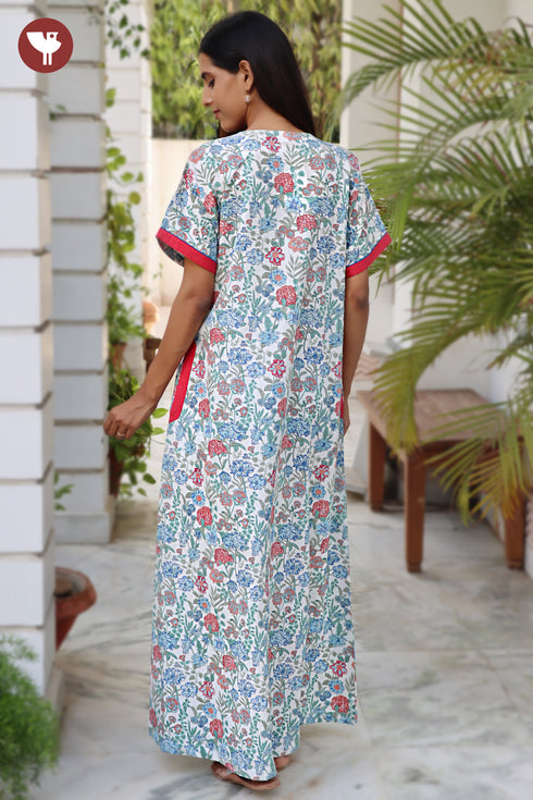 60’s Cotton Half Sleeve Zipper Kaftan in Floral Print