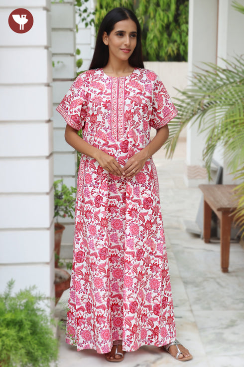 60s Cotton Zipper Front Kaftan In Floral Print