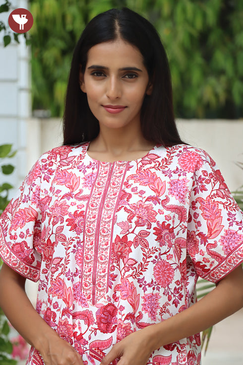 60s Cotton Zipper Front Kaftan In Floral Print