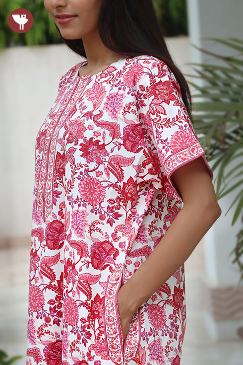 60s Cotton Zipper Front Kaftan In Floral Print