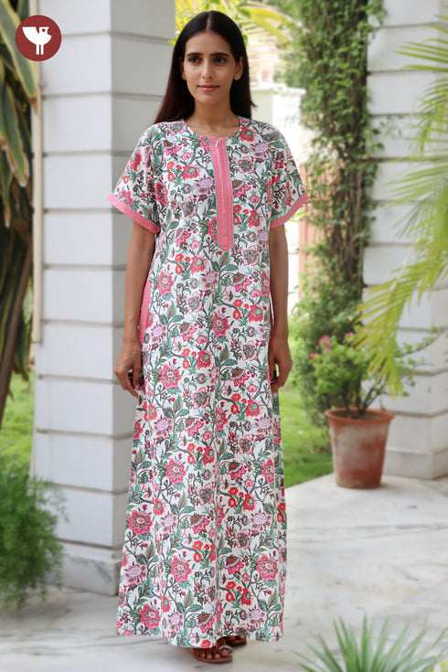 60’s Cotton Zipper Kaftan In Floral Print