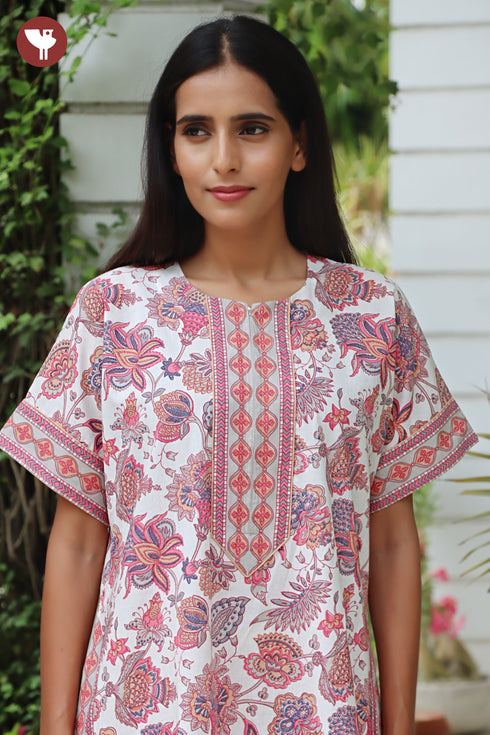 60’s Cotton Zipper Kaftan In Floral Print