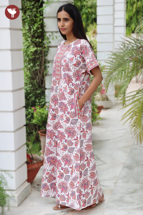 60’s Cotton Zipper Kaftan In Floral Print