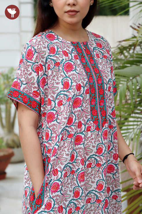60's Cotton Red & Teal Zipper Kaftan in Floral Print