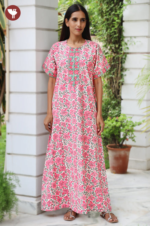 Cambric Satin Zipper Kaftan In Floral Print