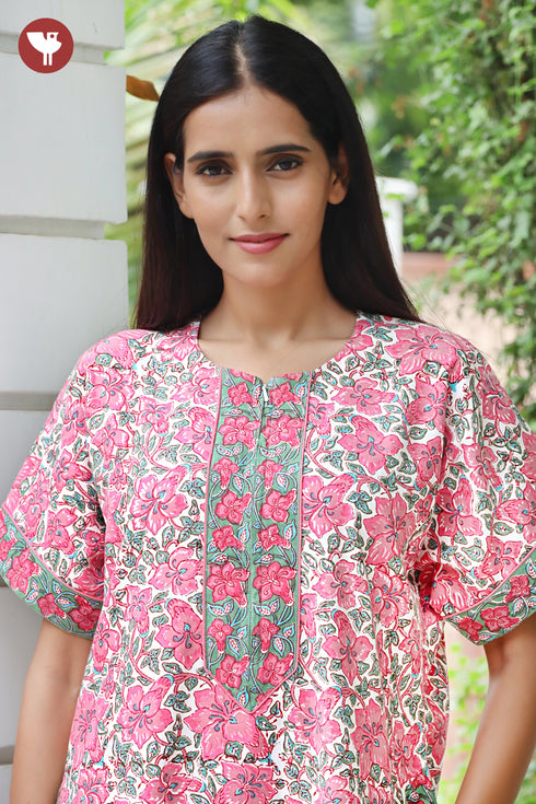 Cambric Satin Zipper Kaftan In Floral Print