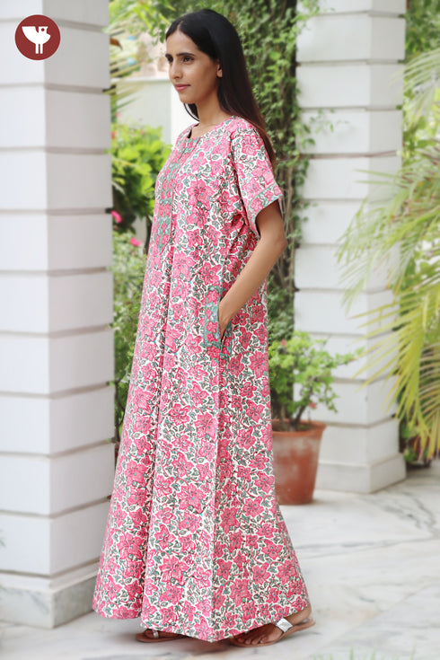 Cambric Satin Zipper Kaftan In Floral Print
