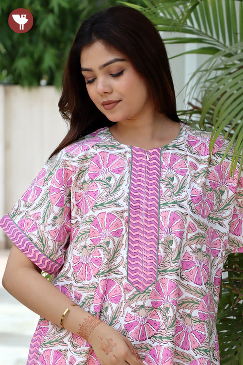 Cotton Satin Zipper Kaftan in Floral Print