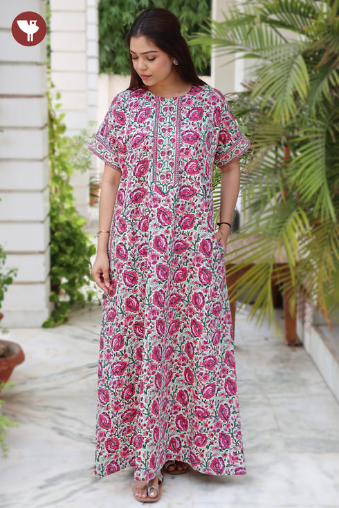 Cotton Satin Front Zipper Kaftan in Floral Print