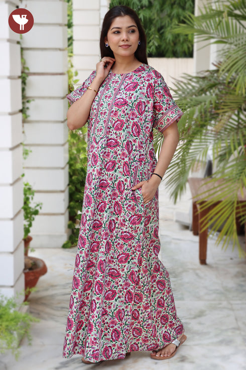 Cotton Satin Front Zipper Kaftan in Floral Print
