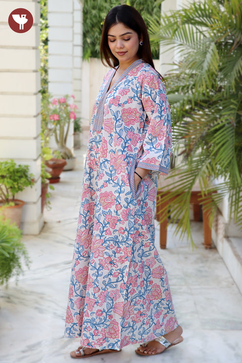 60’s Cotton Full Sleeved Kaftan In Floral Print