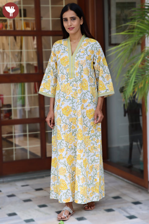 60’s Cotton Full Sleeved Kaftan In Floral Print