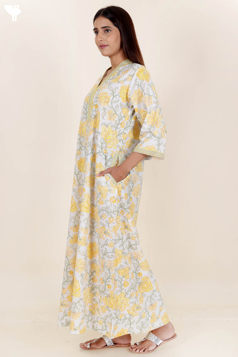 60’s Cotton Full Sleeved Kaftan In Floral Print
