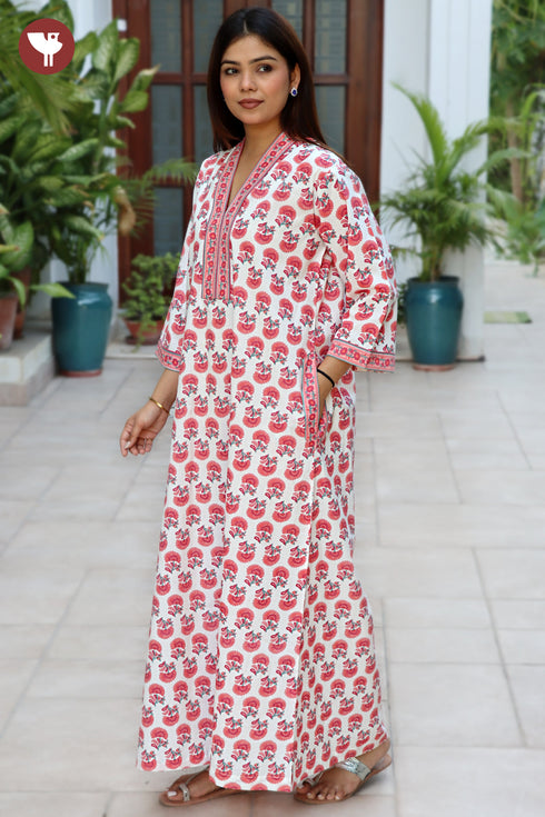 60s Cotton Ivory & Coral Pink Floral Kaftan