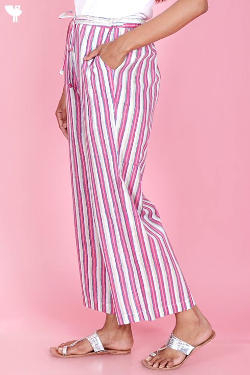 Cambric Cotton Pants In Striped Block Print