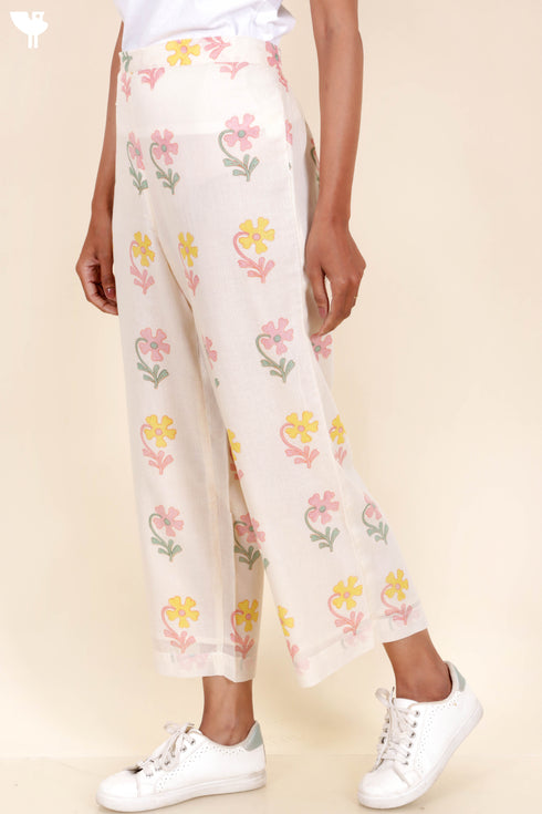 Mulmul Cotton Palazzo Pant In Floral Block Print
