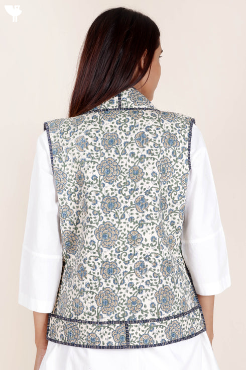 Cambric Cotton Quilted Vest In Floral Block Print