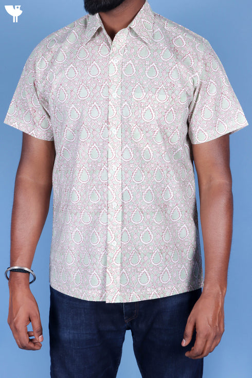 Regular Fit Cambric Cotton Men’s Half Sleeved Shirt In Block Print