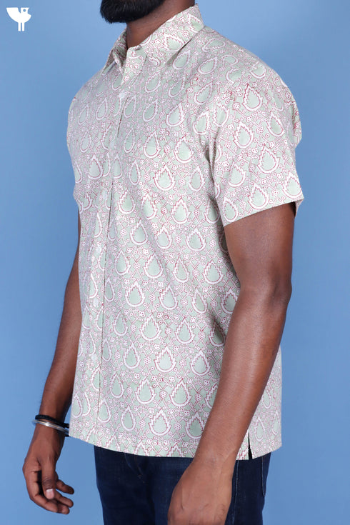 Regular Fit Cambric Cotton Men’s Half Sleeved Shirt In Block Print