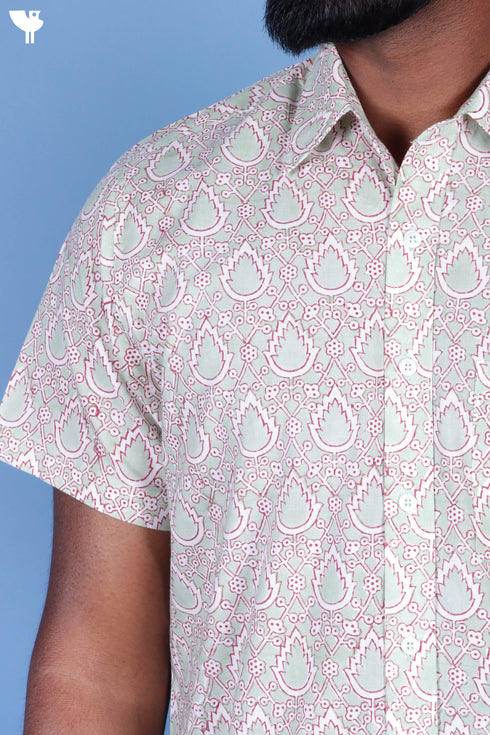 Regular Fit Cambric Cotton Men’s Half Sleeved Shirt In Block Print