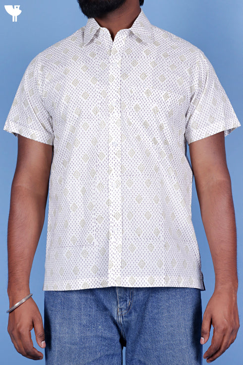 Regular Fit Cotton Men’s Half Sleeved Shirt In Block Print