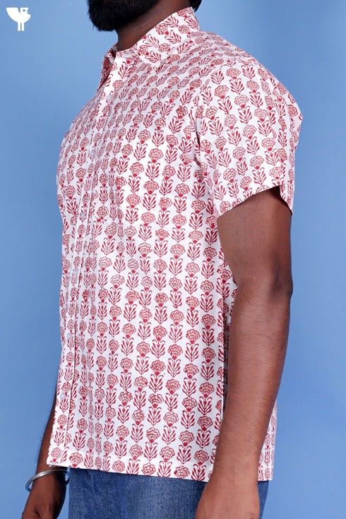 Regular Fit Cotton Men’s Half Sleeved Shirt In Block Print