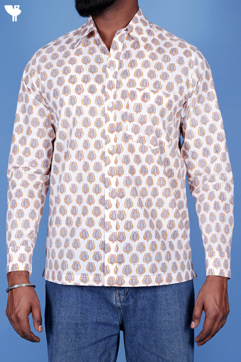Regular Fit Cotton Men’s Full Sleeved Shirt In Block Print