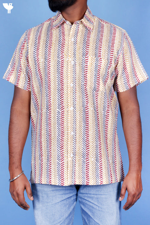 Lyocell Multicolour Men’s Half Sleeved Shirt In Block Print