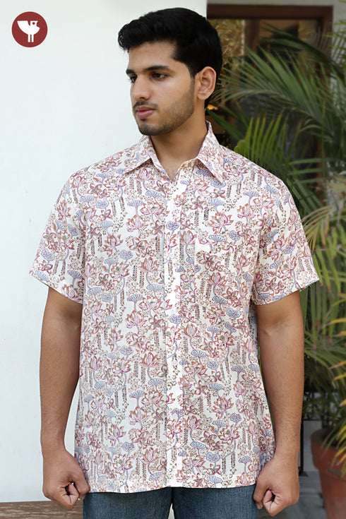 Regular Fit Lyocell Men’s Half Sleeved Shirt in Block Print