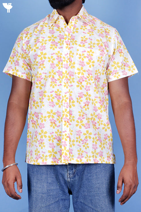 Regular Fit Cotton Men’s Half Sleeved Shirt In Block Print