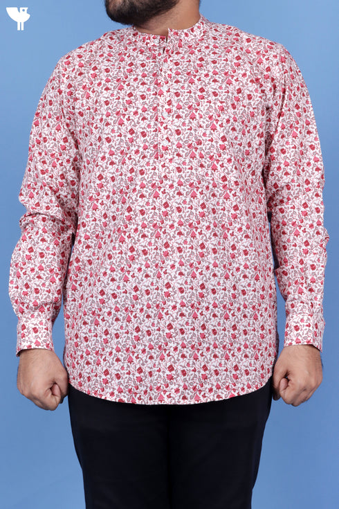 Regular Fit Cotton Men’s Short Kurta In Floral Print
