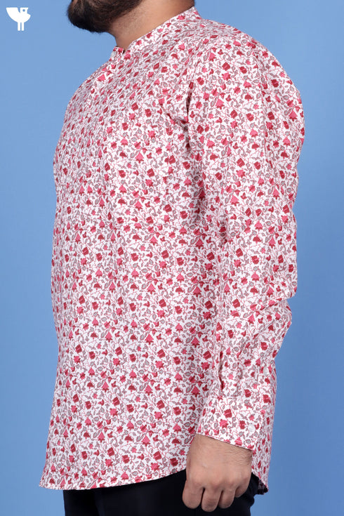 Regular Fit Cotton Men’s Short Kurta In Floral Print