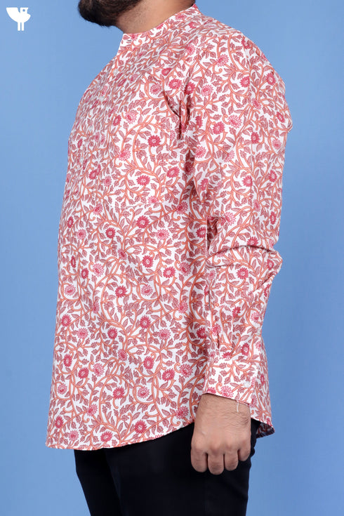 Regular Fit Cotton Men’s Short Kurta In Floral Print