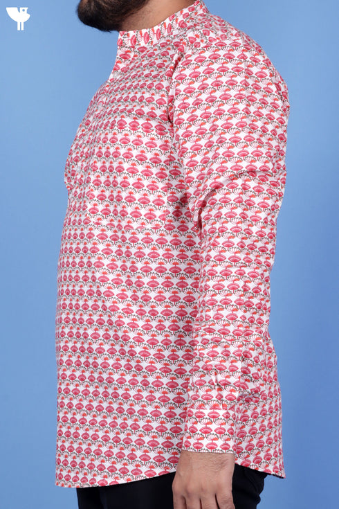 Regular Fit Cotton Men’s Short Kurta In Floral Print