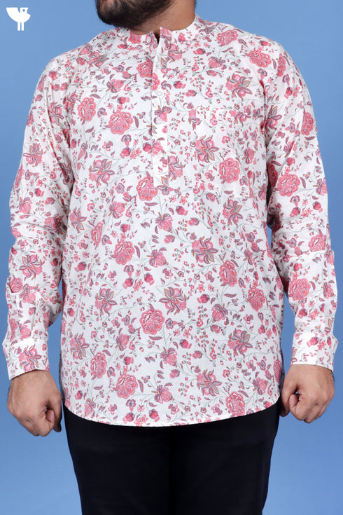 Regular Fit Cotton Men’s Short Kurta In Floral Print