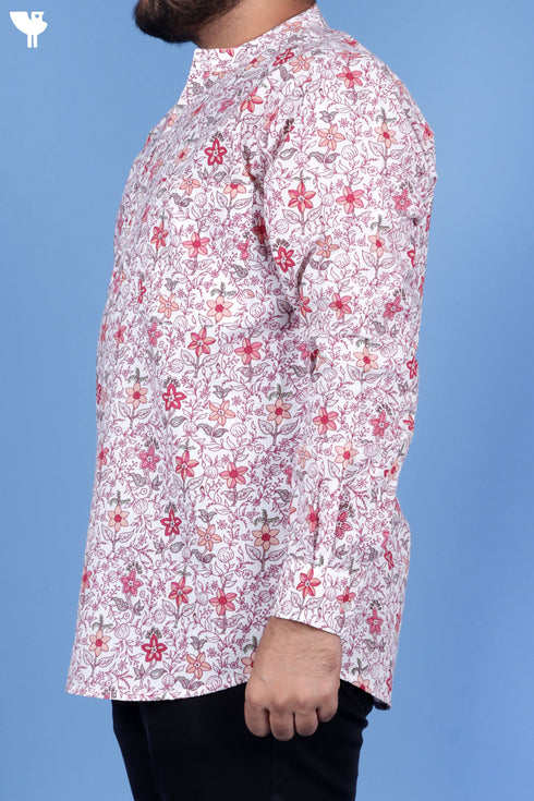 Regular Fit Cotton Men’s Short Kurta In Floral Print