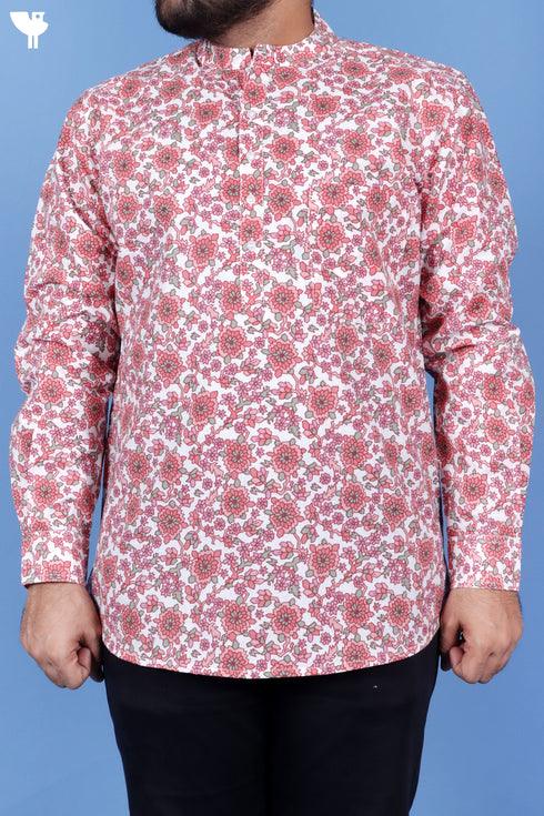 Regular Fit Cotton Men’s Short Kurta In Floral Print