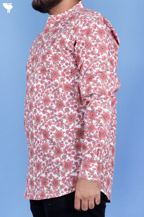 Regular Fit Cotton Men’s Short Kurta In Floral Print