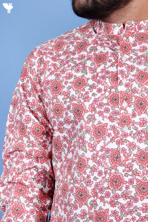 Regular Fit Cotton Men’s Short Kurta In Floral Print
