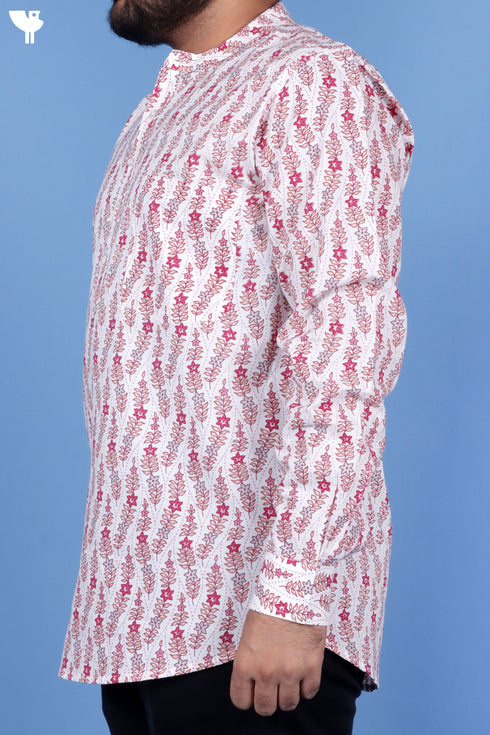Regular Fit Cotton Men’s Short Kurta In Floral Print