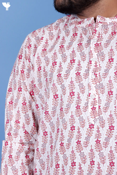 Regular Fit Cotton Men’s Short Kurta In Floral Print