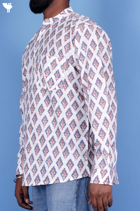 Cotton Men’s Short Kurta In Floral Block Print