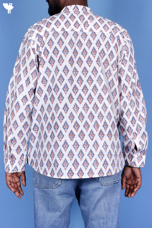 Cotton Men’s Short Kurta In Floral Block Print