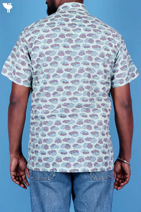 Regular Fit Slub Cotton Men’s Short Sleeved Shirt In Block Print