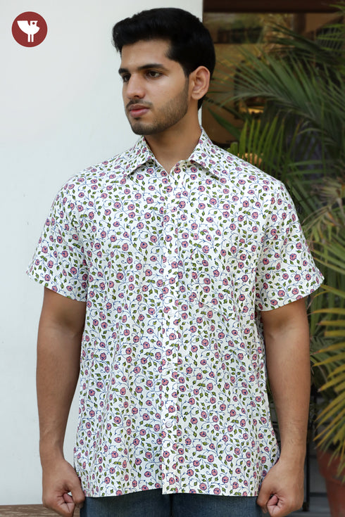 Regular Fit Cotton Satin Men’s Half Sleeved Shirt In Block Print