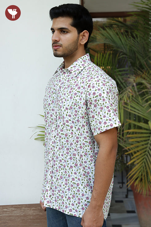 Regular Fit Cotton Satin Men’s Half Sleeved Shirt In Block Print